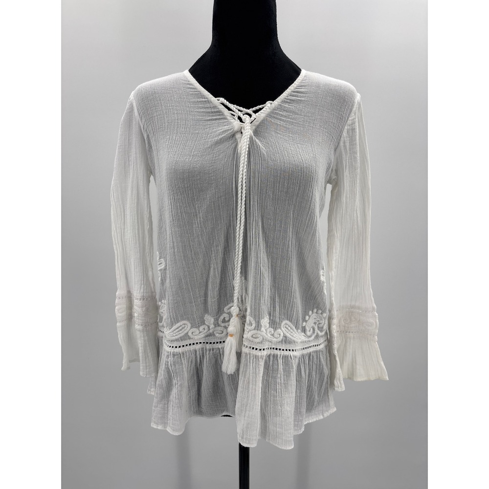 Lilly Pulitzer White Lace Trimmed Tassel‎ Tie V Neck Long Sleeve Tunic Top XS